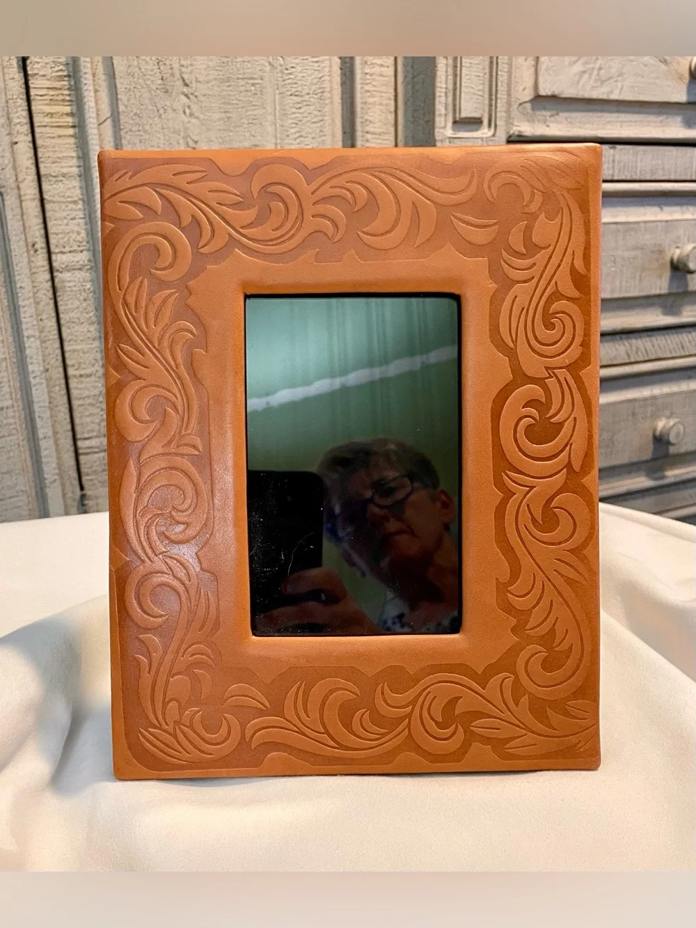 Tooled LEATHER Photo Frame - Accepts 4” x 6” - Freestanding - Back Loading